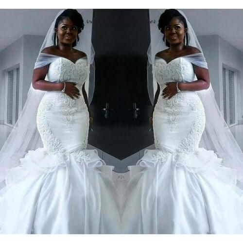 African Arabic Lace Mermaid Wedding Dresses 2021 Off Shoulders Lace Appliqued Satin Tulle Wedding Bridal Gown Custom Made