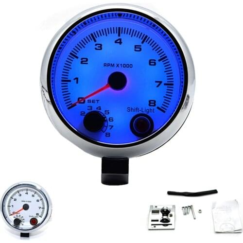 3.75" 95mm White Electrical Tachometer RPM Gauge With Internal Shift Light 4 6 8 Cylinders Chrome Rim
