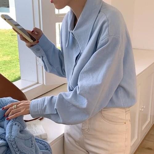 ZCSMLL Korean spring turn-down collar blue blouses single breasted frosted long sleeve loose big size woman shirt