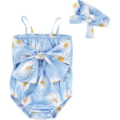 Summer Girls Bodysuit Sleeveless Playsuit Newborn Baby Toddler Tops Headband Fashion Floral Bowknot Infant Clothing 2PCS Outfits
