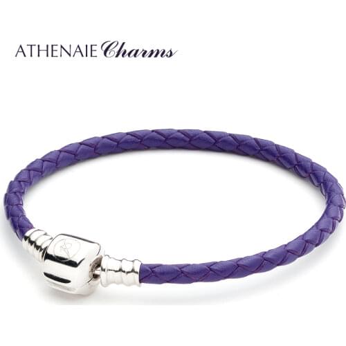 ATHENAIE Purple Single Braided Leather 925 Sterling Silver Snap Clasp Bracelet Fits Fit All European Charm Bead