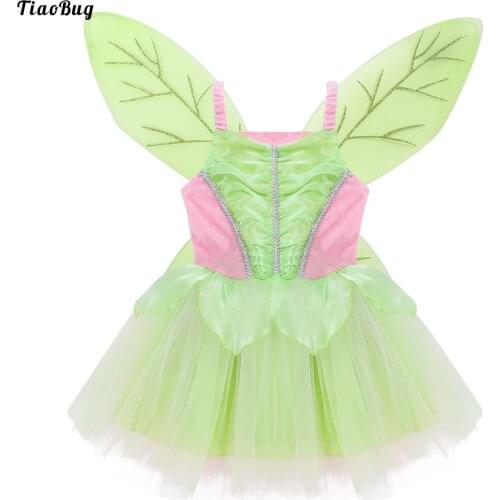TiaoBug Kids Girls Fairy Cosplay Halloween Dress Up Party Photography Costumes Sleeveless Mesh Dress With Glittery Wings