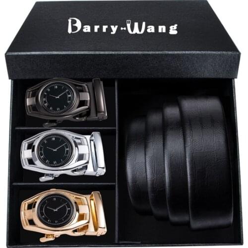 Barry.Wang 3+1 Designer Belt Gift Box Set Black Genuine Leather Belt Automatic Buckle Removable Beltsfor Men Formal Waist Strap
