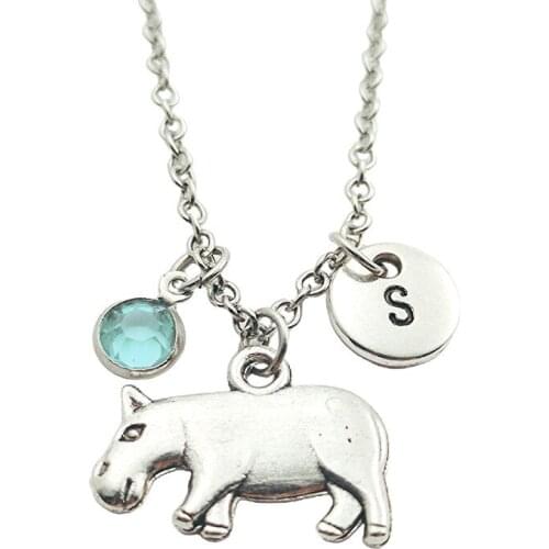Hippopotamus animal Creative Initial Letter Monogram Birthstone Necklace Fashion Jewelry Women Christmas Accessories Pendants