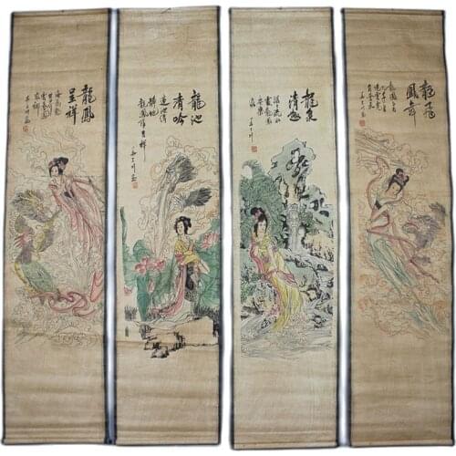 China calligraphy Paintings Scrolls Chinese Painting VINTAGE TRADITIONAL CHINESE PAINTING LONG SCROLL FOUR SCREEN
