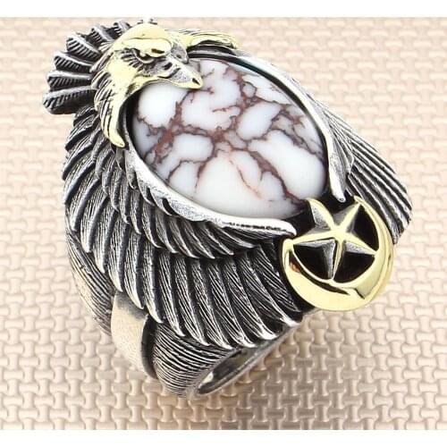 Sterling Silver 3D Eagle Style Crescent Star Ring White Turquoise Stone Ring Turkish Jewelery Men For Ring Made in Turkey
