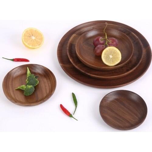Round Solid Wood Plate Whole Acacia Wood Fruit Dishes Wooden Saucer Tea Tray Dessert Dinner Breakfast Plate Tableware Set