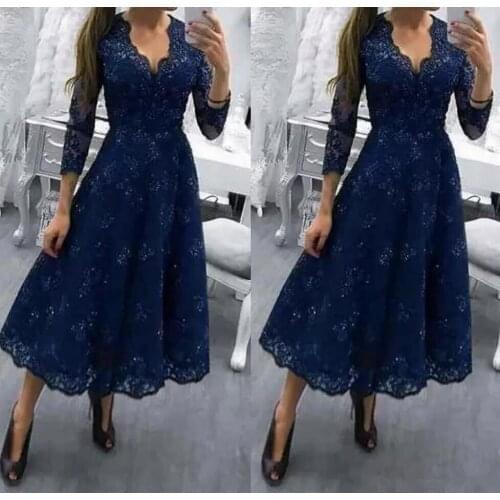Tea Length 2019 V Neck Plus Size Mother Of The Bride Dresses 3/4 Long Sleeves Evening Dress Applique Lace Formal Wedding Guests
