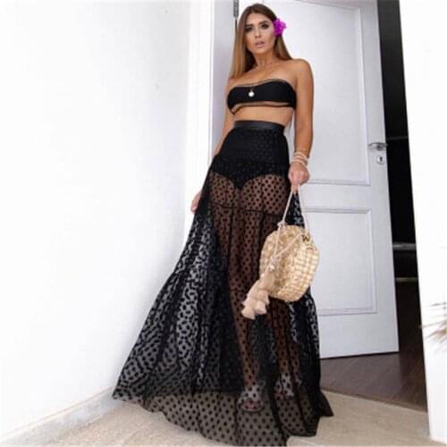 Lovepeapomel2019 New Transparent Black Mesh Skirt Womens Summer Beach See Through Long Maxi Skirt Polka Dot Tulle Skirt Saia W51