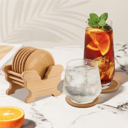 6 PCS Set Durable Bamboo Coasters Placemats Round Heat Resistant Drink Mat Table Tea Coffee Cup Pad with Storage Holder