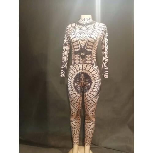 Nightclub Stage DJ Costume for Singer Sparkling Crystals Bodysuit 3D Printing Skinny Nightclub Party Stage Wear Costumes