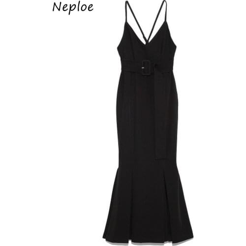 Neploe 2021 Autumn New Vestidos Japanese Commuter Women Robe High Waist Slim Button Sashes Folds Mermaid Suspender Dresses