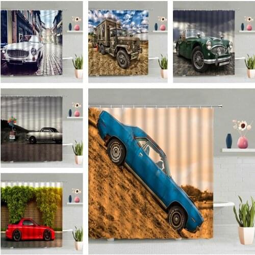 Retro Sports Car Shower Curtain Military Vehicle Vintage Automobile Pastoral Scenic Bathroom Hanging Curtains Waterproof Decor