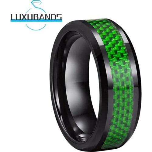Tungsten Carbide Rings For Men Women 8MM Green Carbon-Fiber Inlay Black Beveled Edges Polished Finished Comfort Fit