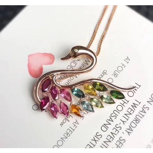 Natural Multicolor tourmaline Elegant Swan Wing brooch Pendant natural gemstone brooch S925 silver women girl party gift jewelry