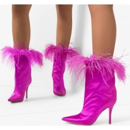 Big Size Hot Pink Black Silk Feather Mid-calf Boots Woman 9 cm Thin Heels Pointed Toe Slip On Short Fur Boots Drop Shipping
