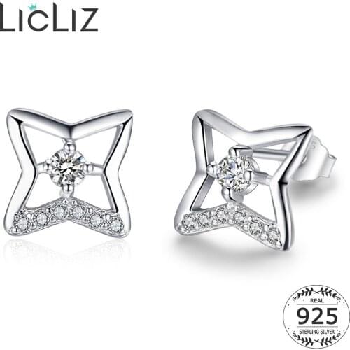 LicLiz 925 Sterling Silver Paved CZ Zircon Hollow Star Stud Earrings for Women Clear Crystal Silver Earring Jewelry Gifts LE0695