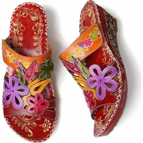 YourSeason Women Retro Party Slippers Genuine Leather Slides Hand Painted 2021 New Summer Sewing Handmade Ladies Wedges Shoes