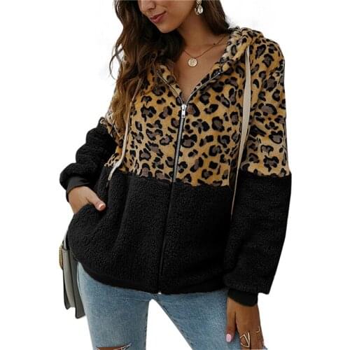 Ladies Warm Hooded Coat Women Fashion Leopard Patchwork Overcoat Ladies Plush Coat New Autumn Winter Tops For Female Plus Size