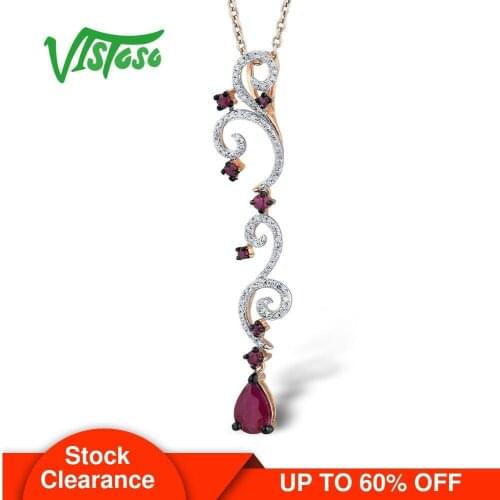 VISTOSO Gold Pendants For Women Genuine 14K 585 Rose Gold Natural Red Ruby Sparkling Diamond Elegant Creative Fine Jewelry