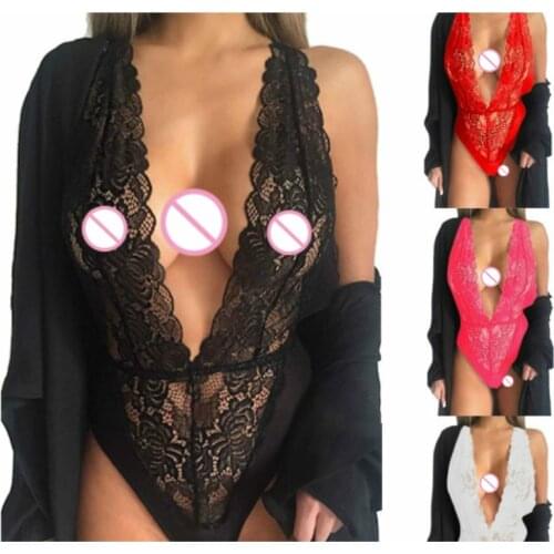 Mesh Fabric Female Bodysuit Lace Sexy Lingerie Women Erotic Underwear Ladies Deep V Neck Spandex Catsuit Sex See Through Leotard
