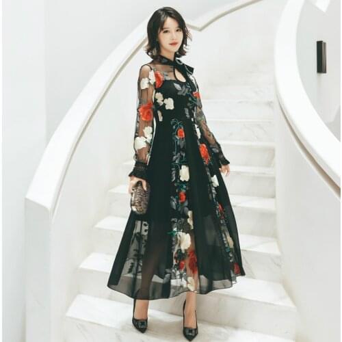 L-5XL Big Size Spring Winter Floral Dress Ladies Long Sleeve Corset Big Swing Embroidery High End Dress Women Black Mesh Dresses