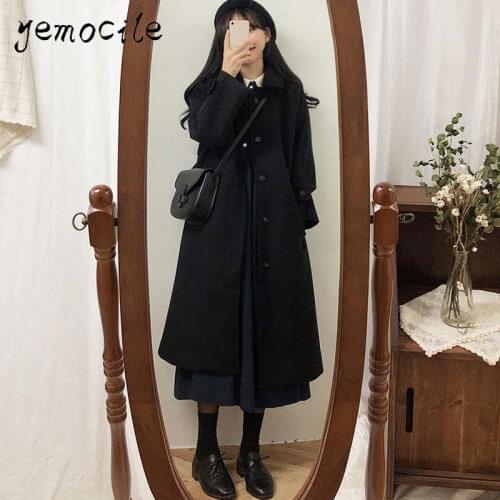 Sweet Y2K Woolen Blend Coat for Women Solid Color Single Breasted Turn-down Collar Female Outwear Winter Preppy Style Woman Tops