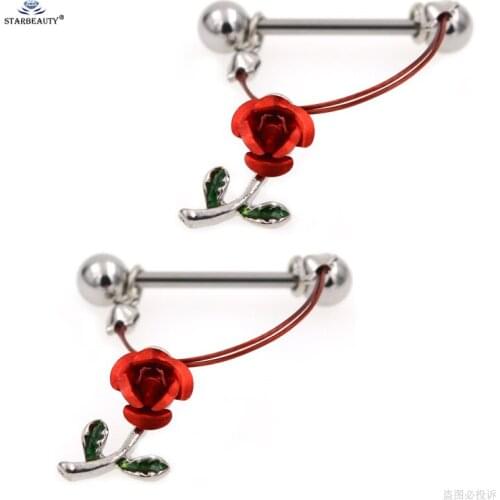 2 pcs/lot 1.6X16mm Romantic Red Rose Nipple Piercing Helix Piercing Nipple Ring Green Leaf Sexy Women Pircing Body Jewelry Gifts