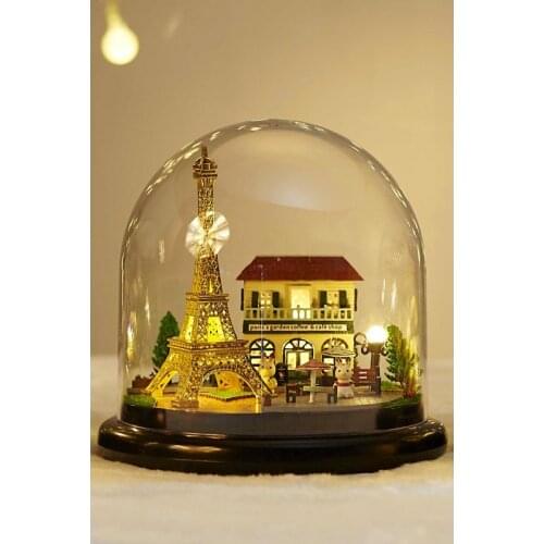 3D glass Doll House DIY Paris Eiffel Tower Glass Ball Handmade Wooden Dollhouse Miniature Home Assembling Toy Model Building Kit