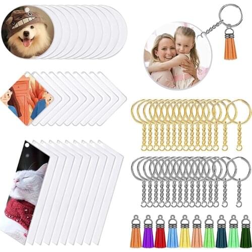 Acrylic Keychain Blank Acrylic Transparent Ornament Pendants and Round Keychain Tassels Jump Rings Set for DIY Craft