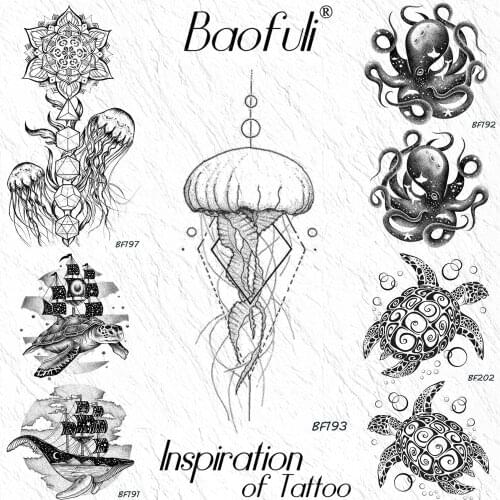 Baofuli 3D Geometric Jellyfish Line Round Temporary Tattoo Sticker Paper Triangle Ocean Fake Tatoosbody Art Arm Hand Black Tatoo
