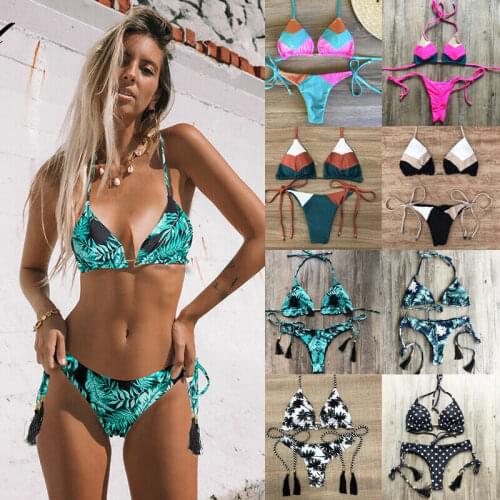 Imcute 2PCS Bikini Women Ladies Swimwear Push-up Bra Plant Print Geometric Print Swimsuit Beachwear Bathing