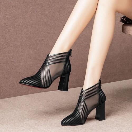 Summer Fashion solid mesh high heels pointed toe cross lines decoration ankle lady boots grace women ventilate boots red/black