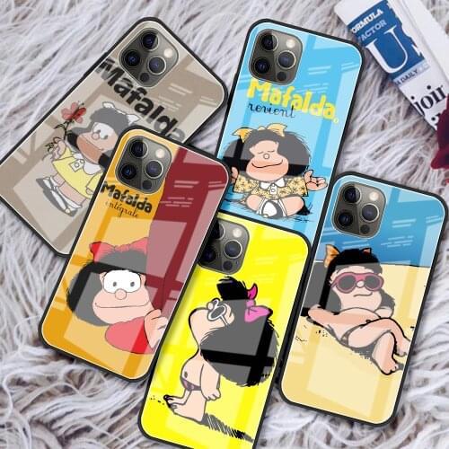 Tempered Glass Case For iPhone 11 12 Pro Max XR 7 8 Plus SE 2020 X XS 6 6S 12Mini Luxury Back Phone Cover Cartoon Mafalda Girl
