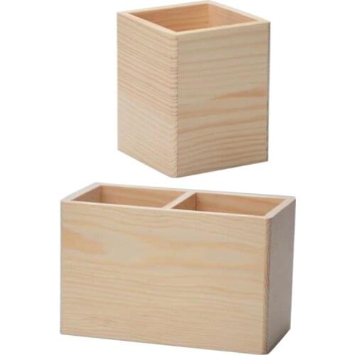 Wooden Storage Pen Holder 1/2 Grid Organizer Desktop Office Brush Pen Container