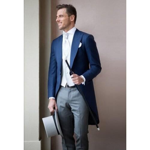 Tailor Made Long Blue Coat Mens Suits 2019 Party Wedding Custom Made Tuxedos Terno Masculino Men Suit 3pieces(Jacket+Pant+Vest)