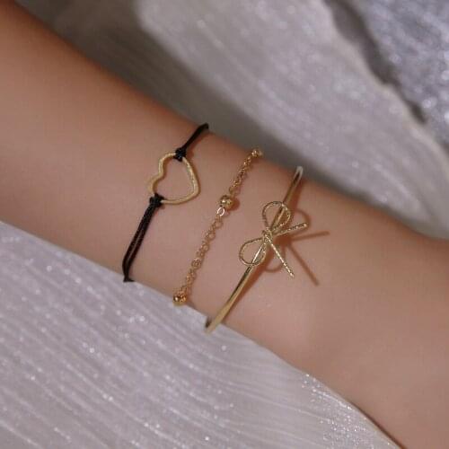 Ethnic Style 3-Piece Set Bow Heart-shaped Bracelet Charming Womens Party Gold Metal Bracelet Accessories Fashion Jewelry