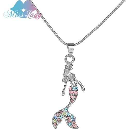 Miss Lady Fairytale Little Mermaid Pendant Necklace Fashion Jewelry For Girl Crystal Silver color wedding necklace MLK0057