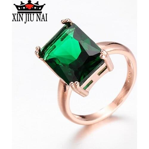 Fashionable Green Crystal Lady Ring Square Cubic Zirconia Rose, Gold Jewelry Elegant Ladys Exclusive Ring Delicate Party Gift