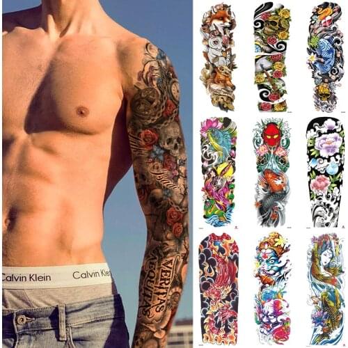 Men tattoo stickers for Full arm Flower dragon skull watercolor Waterproof temporary tattoo Large fake sleeve tattoo