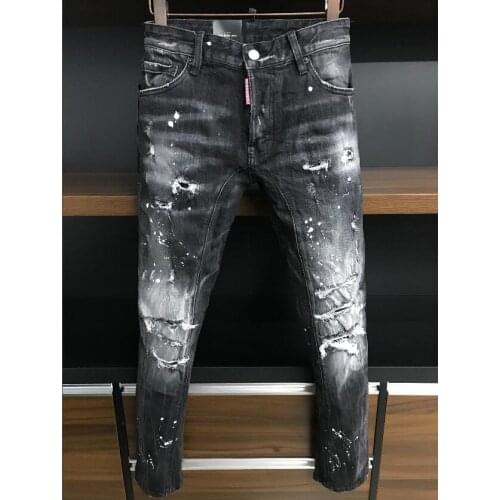 New Mens Skinny Jeans With Ripped Holes And elastic Paint Spray Black Stitching Beggar Pants A379