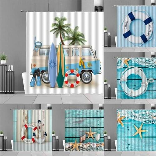 Beach Coconut Tree Shower Curtain Starfish Wooden Board Nautical Anchor Swimming Ring Surf Boards Bus Sea Scenery Bath Curtains