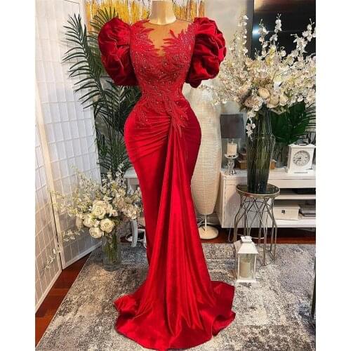 Luxury Red Mermaid Prom Dresses Arabic Aso Ebi Lace Beaded Sheer Neck Velvet Evening Dress Formal Party Wear Custom Made