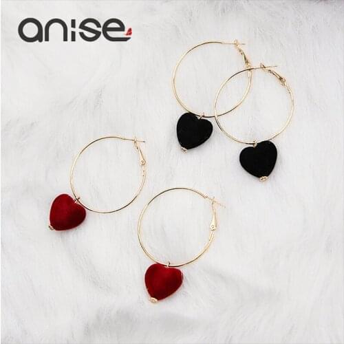Anise Hot Sale Big Hoop Earring Velvet Red Heart Pendant Earring Simple Metal Circle Earrings For Women Jewelry boucle d'oreille