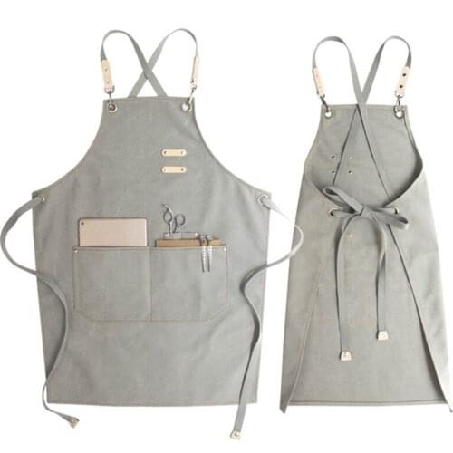 Gray Khaki Canvas Apron Cotton Strap Barista Bartender Waitstaff Pastry Chef Uniform Florist Barber Hairdresser Work Wear B98