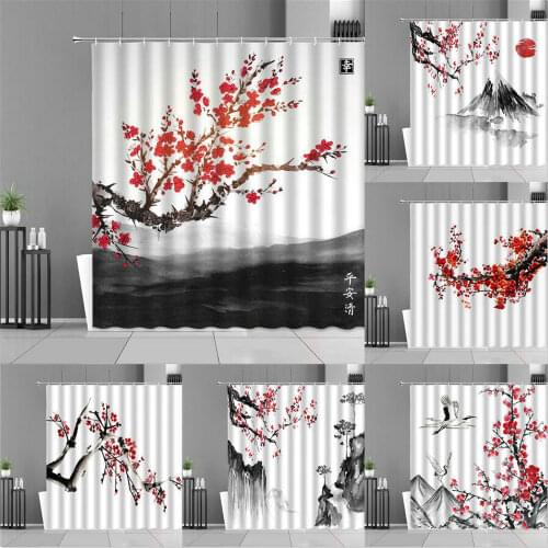 Plum Blossom Flower Ink Painting Art Shower Curtains Chinese Style Mountain Landscape Home Decor Bath Curtain Waterproof Fabric