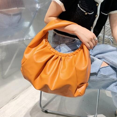 Pleated Women Handbag Big Soft Pu Leather Female Cloud Bags Roomy Ruched Shoulder Bag Large Half Moon Design Lady Totes Hobo Bag