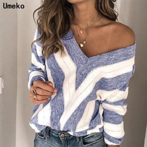 Umeko New Autumn and Winter Womens Fashion Sweet Girls V-neck Striped Loose Casual Pullover Sweaters Jumpers Knitwear Plus Size