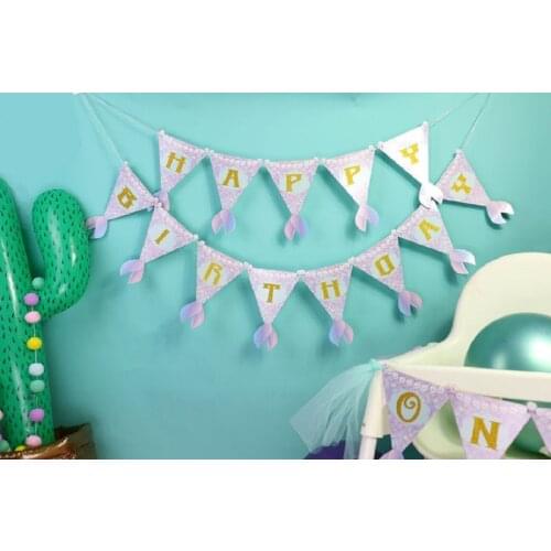 Happy Birthday Mermaid Pull Flag Golden Light Pink Pull Flower Mermaid Birthday Party Decoration Pennant Factory Wholesale