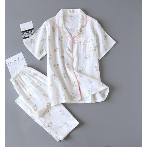 Japanese Simple Women Clothing 100% Cotton Gauze Sleepwear T-shirts with Short Sleeve Trousers Female Cute Pajamas Home Suit